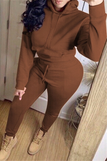 plus size autumn 5 colors solid color simple hooded pockets stretch two-piece set (new add colors)