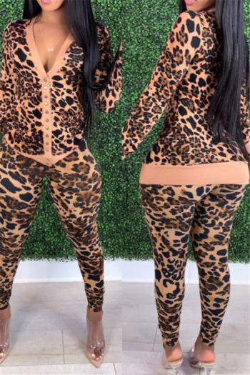 autumn plus size new leopard batch printing single breasted stretch two-piece set