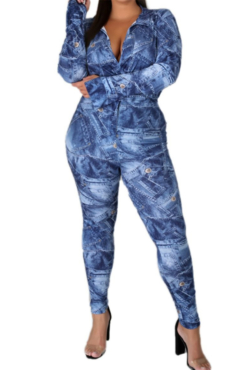 plus size autumn deep v-neck new stylish batch printing bodysuit with pants two-piece set