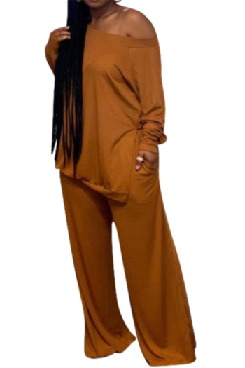 plus size autumn solid color slit top wide-leg pants simple loose two-piece set