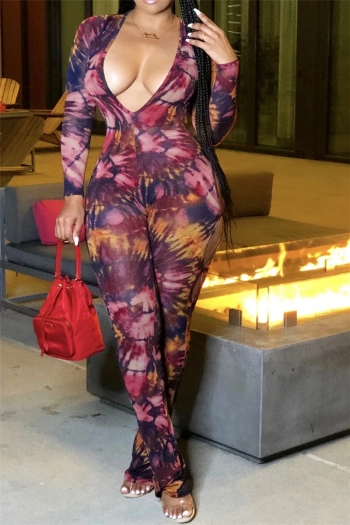 fashion plus size batch printing deep v-neck hollow out sexy stretch jumpsuit