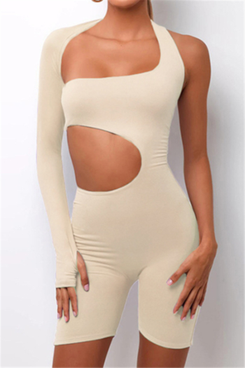new stylish simple solid color hollow out one shoulder sthumb hole sexy plysuit