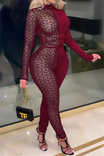autumn plus size solid color spliced mesh see through tight jumpsuit with belt (new add colors)