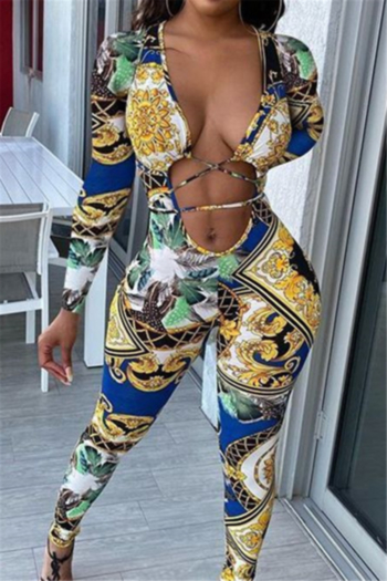new stylish multicolor batch printing laced hollow out sexy stretch jumpsuit