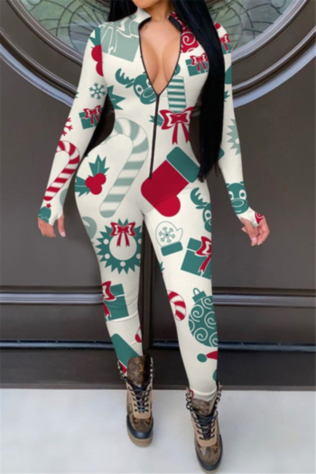 plus size christmas patterns batch printing zip-up thumb hole stretch tight jumpsuit