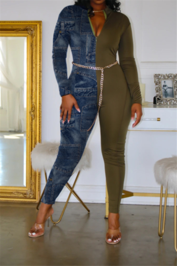 new stylish denim imitation printing spliced solid color zip-up stretch tight jumpsuit