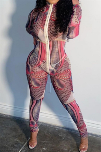 plus size new stylish digital batch printing zip-up mesh see through stretch tight jumpsuit