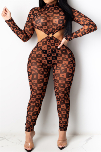 plus size autumn digital batch printing new silk sexy hollow out stretch tight jumpsuit
