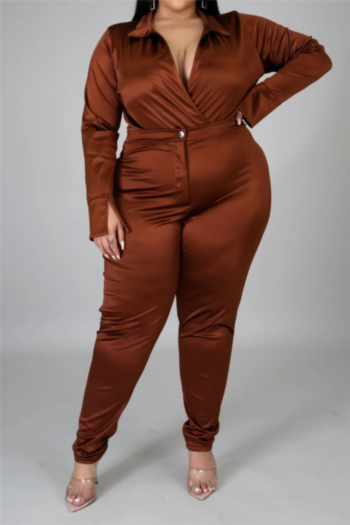 plus size 5 colors solid color deep v-neck bodysuit with tight pants micro elastic two-piece set