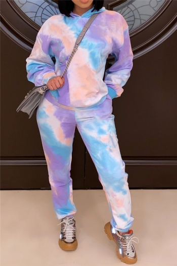 autumn plus size tie-dye batch printing hooded micro elastic casual two-piece set