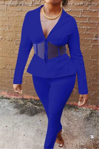 plus size three colors solid color spliced mesh single breasted suit stylish two-piece set