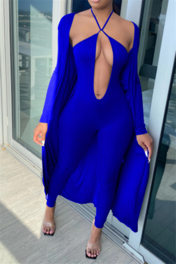 three colors plus size solid color deep v-neck lace-up jumpsuit with cardigan stretch two-piece set
