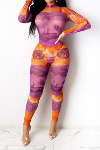 autumn dollar pattern printing plus size bodysuit with tight pants mesh two-piece set