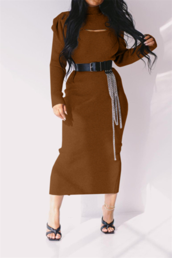 plus size autumn three colors lantern sleeves short shawl split dress stretch two-piece set (no belt)