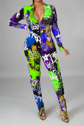 plus size fashion autumn zip-up letter and multicolor batch printing slim jumpsuit