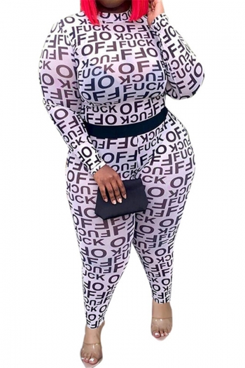 plus size letters batch printing mesh see through half high collar tight two-piece set