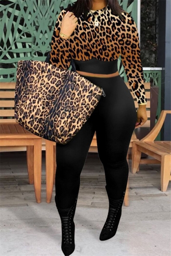 solid color stitching leopard batch printing plus size casual two-piece set