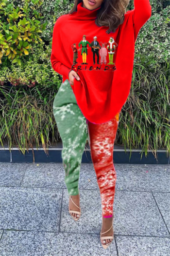 plus size 4 colors autumn high collar christmas pattern printing casual two-piece set