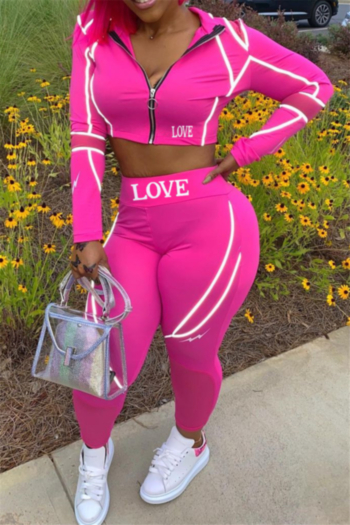 autumn plus size letter printing zip-up stylish tight pants casual two-piece set
