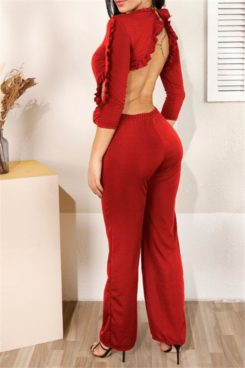 autumn solid color open back new style three-quarter sleeve sexy jumpsuit