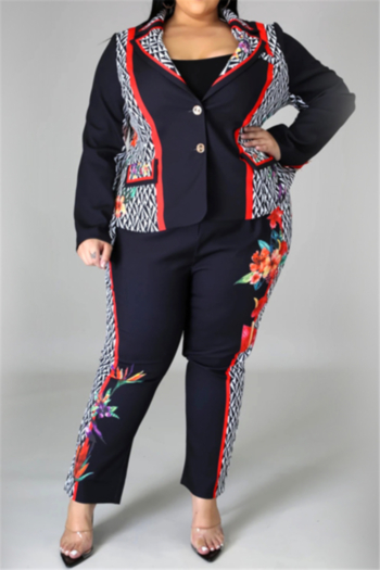 plus size autumn suit collar flower printing button straight pants casual two-piece set