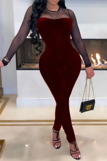 three colors plus size autumn zip-up velvet stitching mesh see through sexy jumpsuit