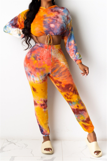 plus size autumn tie-dye batch printing laced hooded casual two-piece set