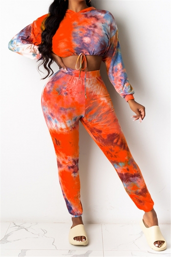 plus size new autumn tie-dye batch printing laced hooded casual two-piece set