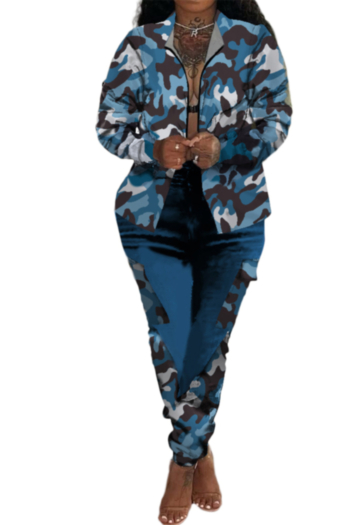 plus size 3 colors autumn new fashion camo batch printing zip-up casual two-piece set