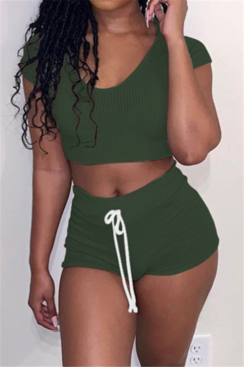 six colors plus size new style solid color short top simple laced two-piece set