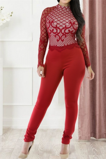 fashion plus size new style lace with lining see-through long-sleeve tight jumpsuit