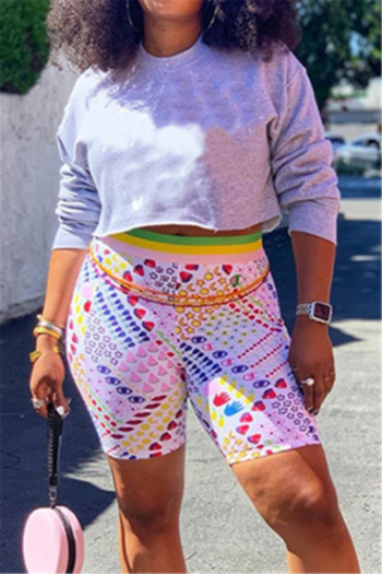 plus size solid color short top with batch printing shorts casual two-piece set