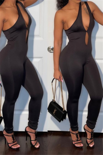 new style solid color hollow out summer sexy one shoulder tight jumpsuit