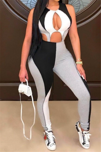 plus size 5 colors contrast stitching hollow out back zip-up sexy tight jumpsuit (new add colors)