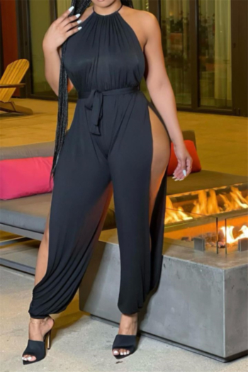 plus size summer solid color hollow out sexy fashion jumpsuit (with belt)