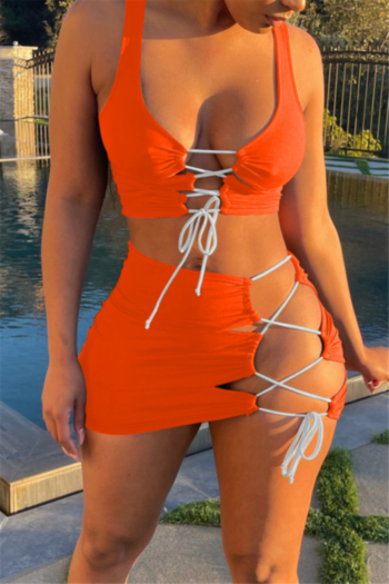 plus size 8 colors solid color hollow out sexy summer two-piece set