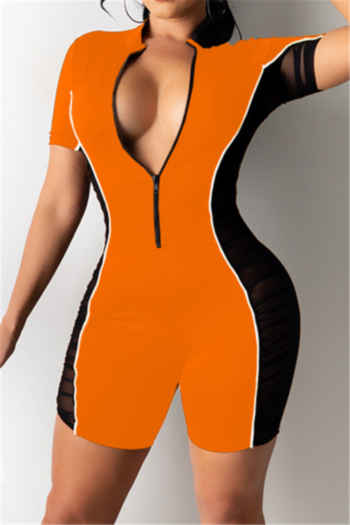 three colors solid color stitching mesh plus size zip-up sexy playsuit