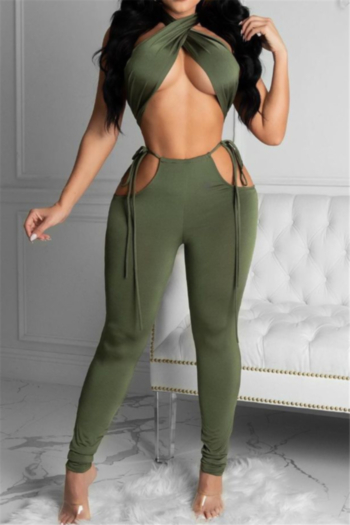 summer solid color sexy hollow out lace-up new stylish two-piece set
