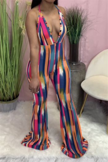 summer plus size multicolor batch printing deep v-neck sexy flare jumpsuit
