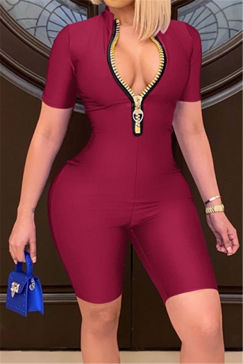 plus size solid color summer 4 colors zip-up tight simple casual playsuit