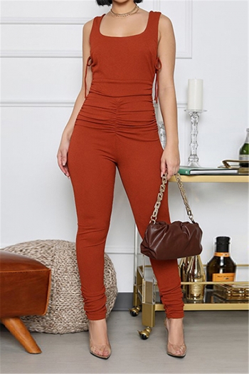 summer solid color new stylish lace-up simple pleated sleeveless jumpsuit
