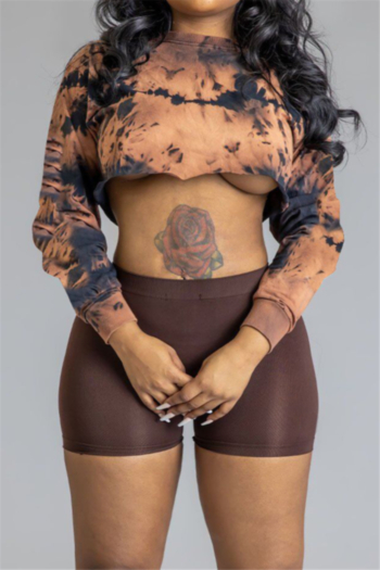 plus size batch printing short top with tight shorts long-sleeve sexy two-piece set