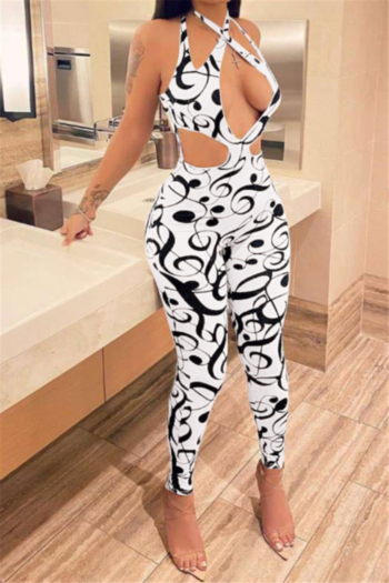 summer plus size new stylish batch printing hollow out sexy tight jumpsuit