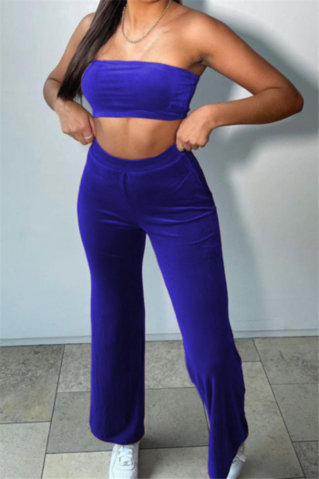 new summer solid color fashion tube top with wide-leg pants velvet sexy two-piece set