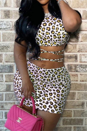 plus size 3 colors leopard batch printing lace-up backless sexy two-piece set