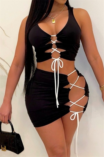 summer sexy hollow out 2 colors lace-up slim skirt stylish two-piece set