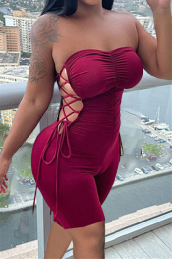 four colors hollow out strapless plus size solid color laced sexy tight playsuit