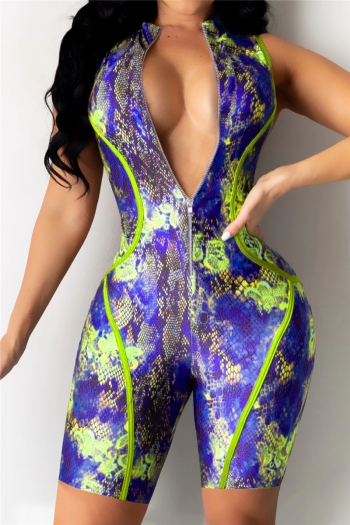snakeskin batch printing plus size sleeveless new style zip-up summer tight playsuit