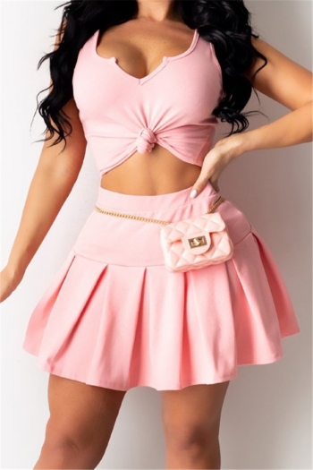 solid color new stylish sleeveless with pleated skirt simple summer two-piece set