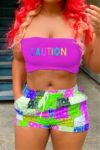 plus size letter printing tube top summer printing shorts laced two-piece set (new add colors)